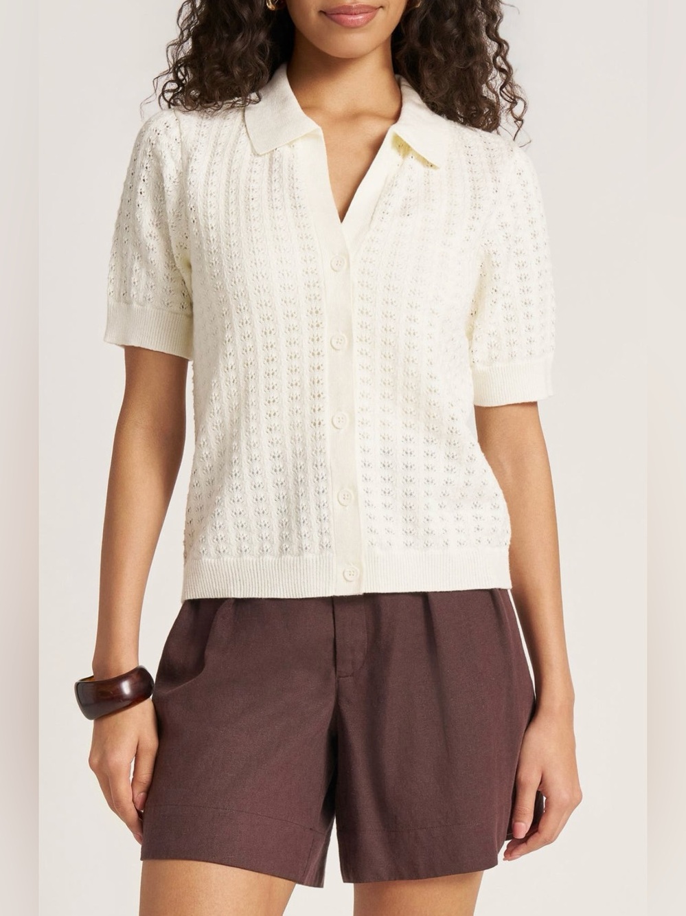 matty m. Solana Pointelle Polo Cardigan in Chocolate Size L